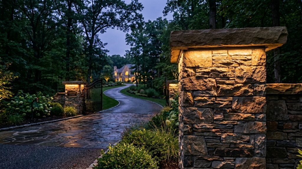 Stacked Flagstone Entry Pillars to Anchor Your Front Driveway Gate estate driveway entrance evening… 202606111312