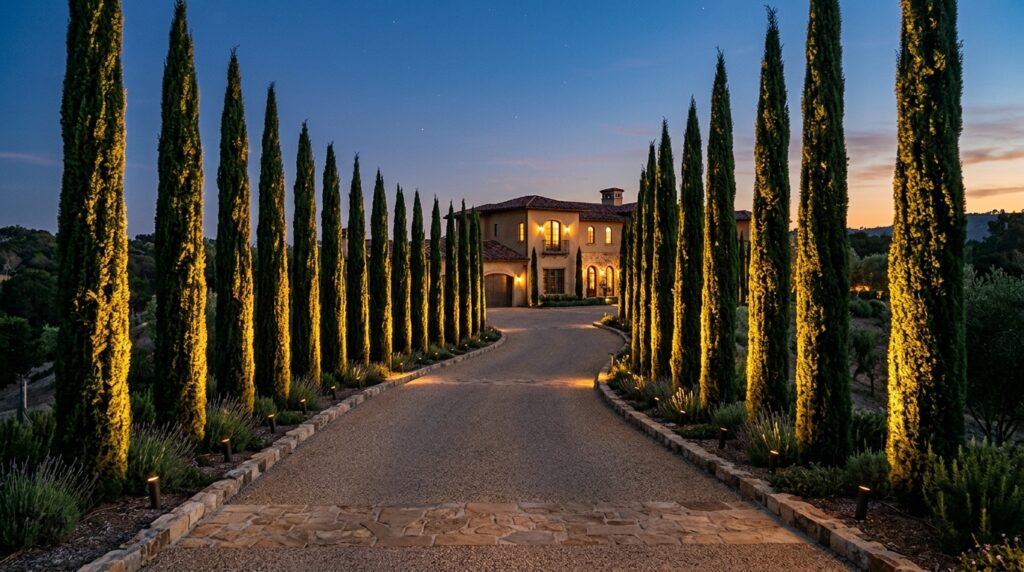 estate driveway with cypress trees 202606102251