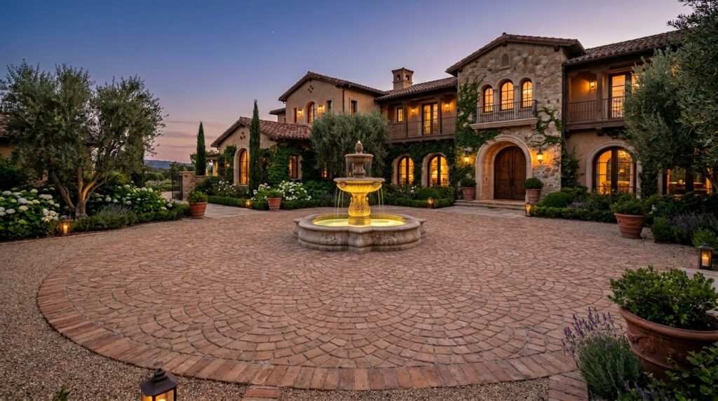 Brick-Paved Courtyards Inspired by Classic European Plazas estate entrance courtyard at dusk 202606141349