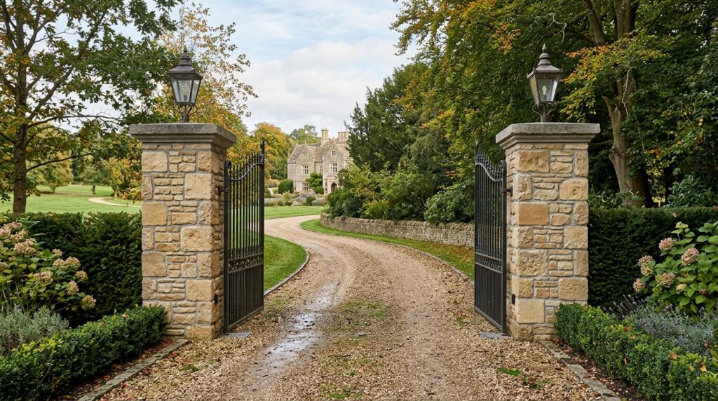 Stacked Flagstone Entry Pillars to Anchor Your Front Driveway Gate estate entrance pillars flagston… 202606111257