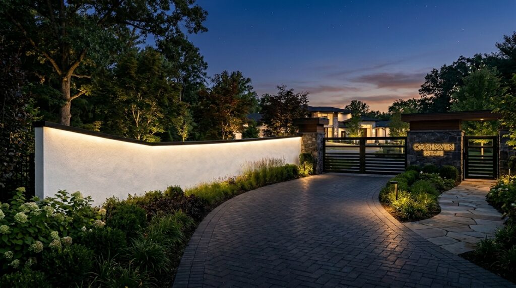Modern White Stucco Walls Accented with Dark Wood Insets estate entrance with downward glow 202606112357