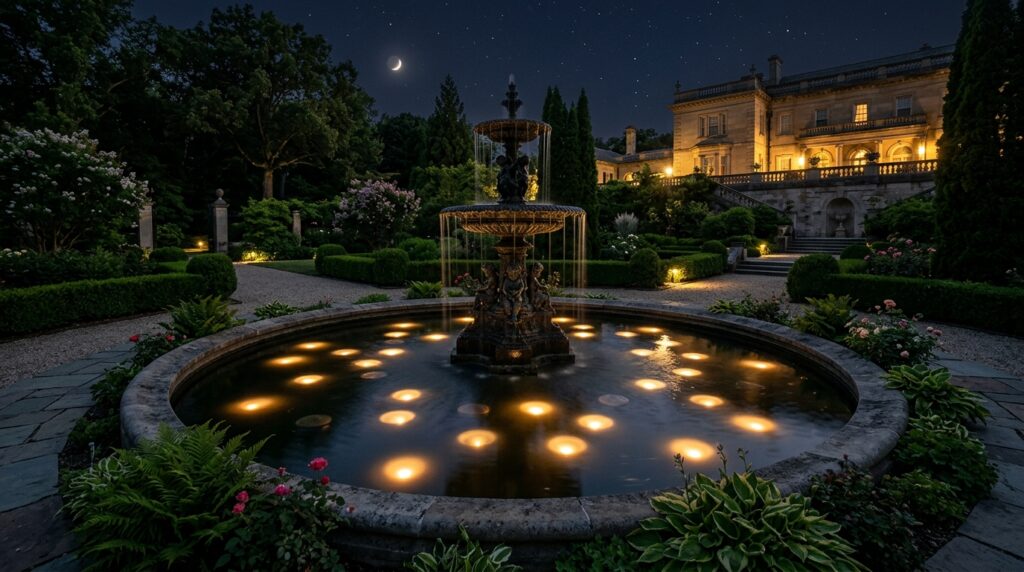 estate garden fountain at midnight 202606101306