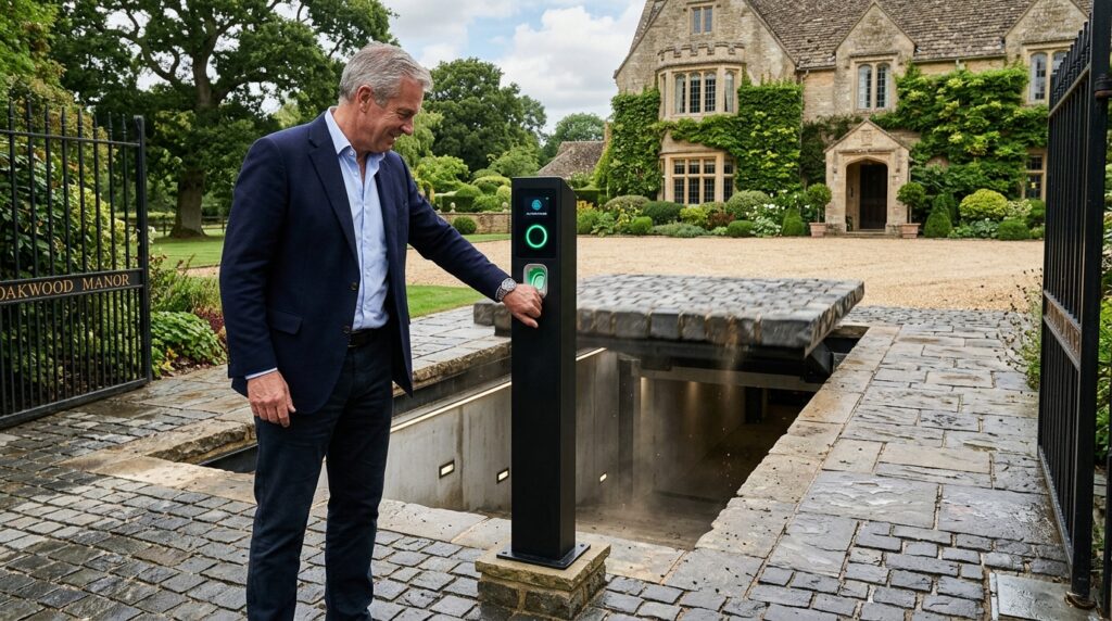 Modern Hidden Underground Car Cavities and Hidden Garage Vaults estate owner scanning driveway s… 202606072153