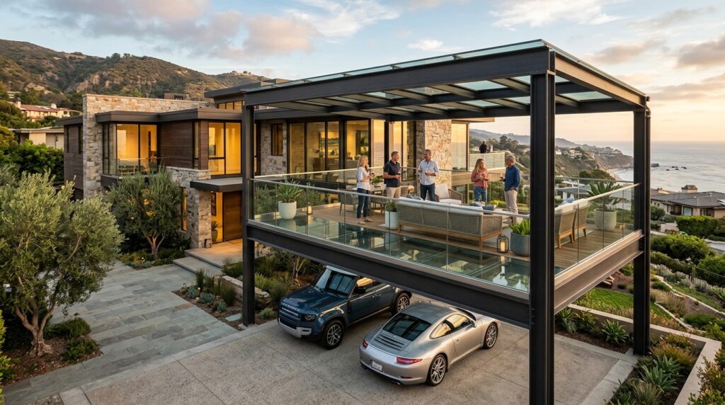 Industrial Steel & Glass Carport Ideas for Darker Driveways estate with steel carport balcony 202606152232