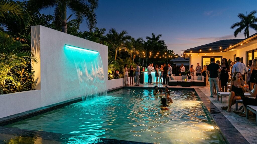 evening pool party waterfall glow 202606110910