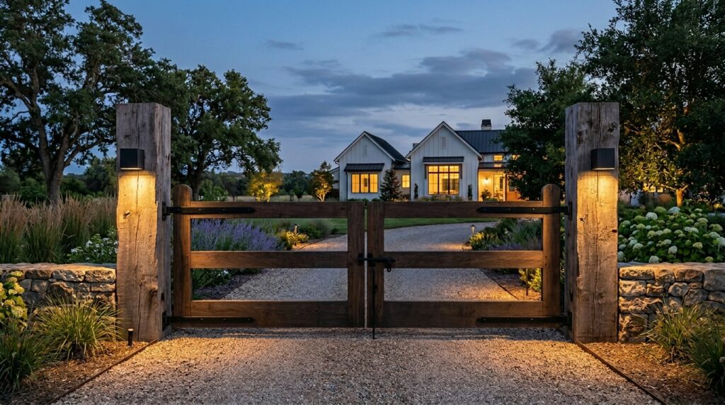 Industrial Wire Mesh and Wood Frame Gates for Modern Farmhouses farmhouse driveway gate lighting 202606111358