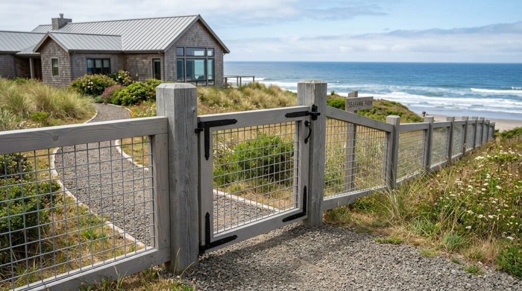 Industrial Wire Mesh and Wood Frame Gates for Modern Farmhouses farmhouse fence and gate 202606111353