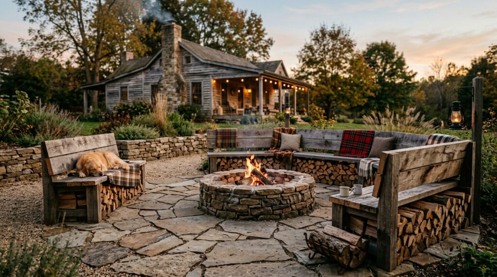 Modern Fire Pit Layouts For Luxury Outdoor Lounging farmhouse fire pit zone benches 202606062007