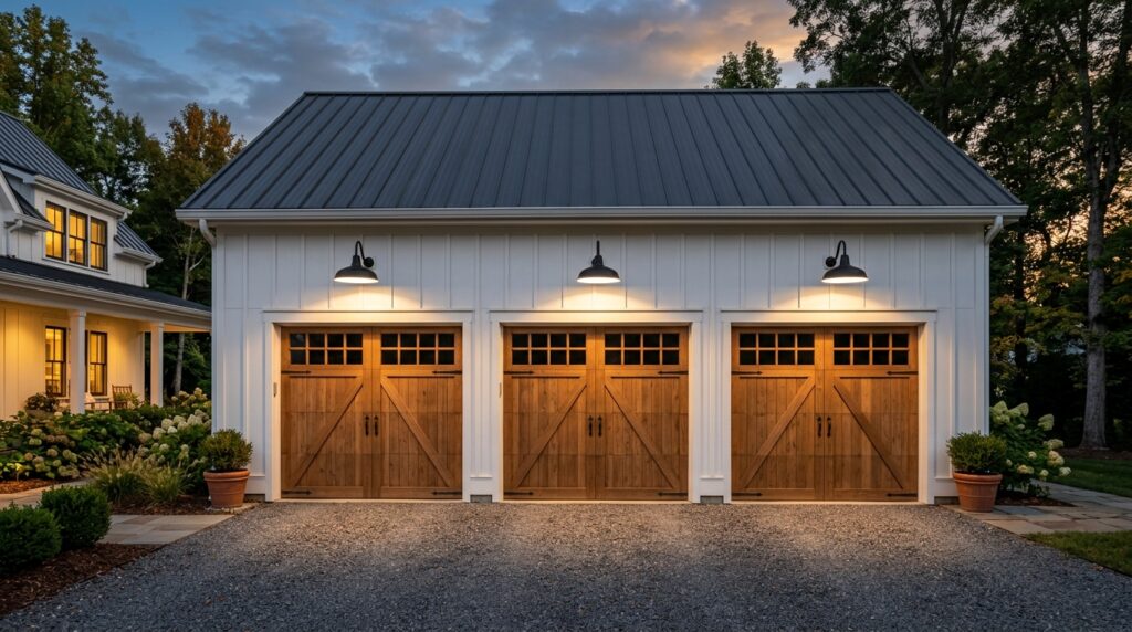Industrial Gooseneck Fixtures to Illuminate Outdoor Garage Headers farmhouse garage with barn lights 202606102357