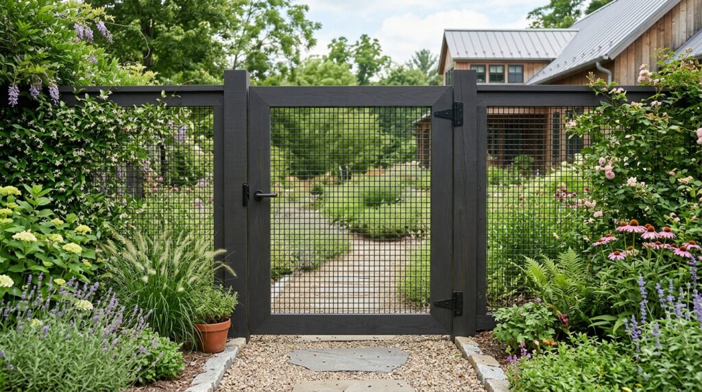 Industrial Wire Mesh and Wood Frame Gates for Modern Farmhouses farmhouse garden entry gate 202606111347