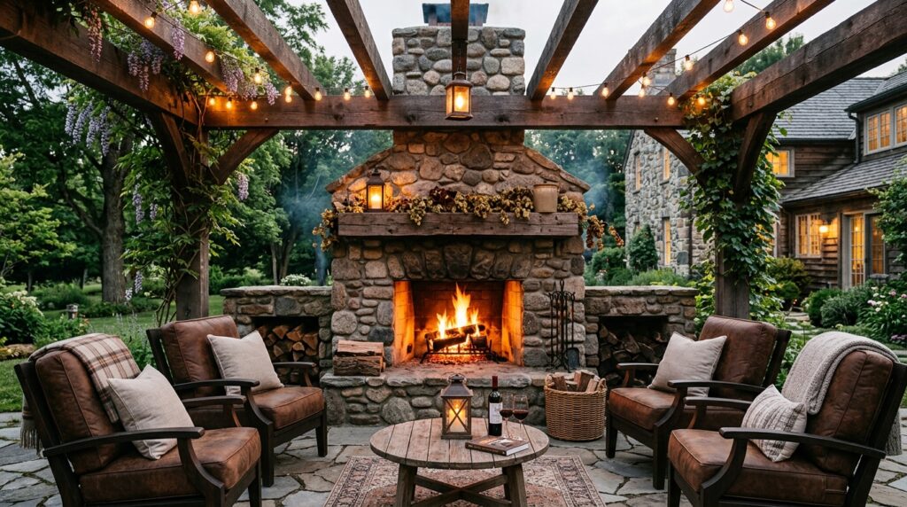 Outdoor Pergola Seating Ideas For Ultimate Backyard Luxury farmhouse pergola with stone fir… 202606052226