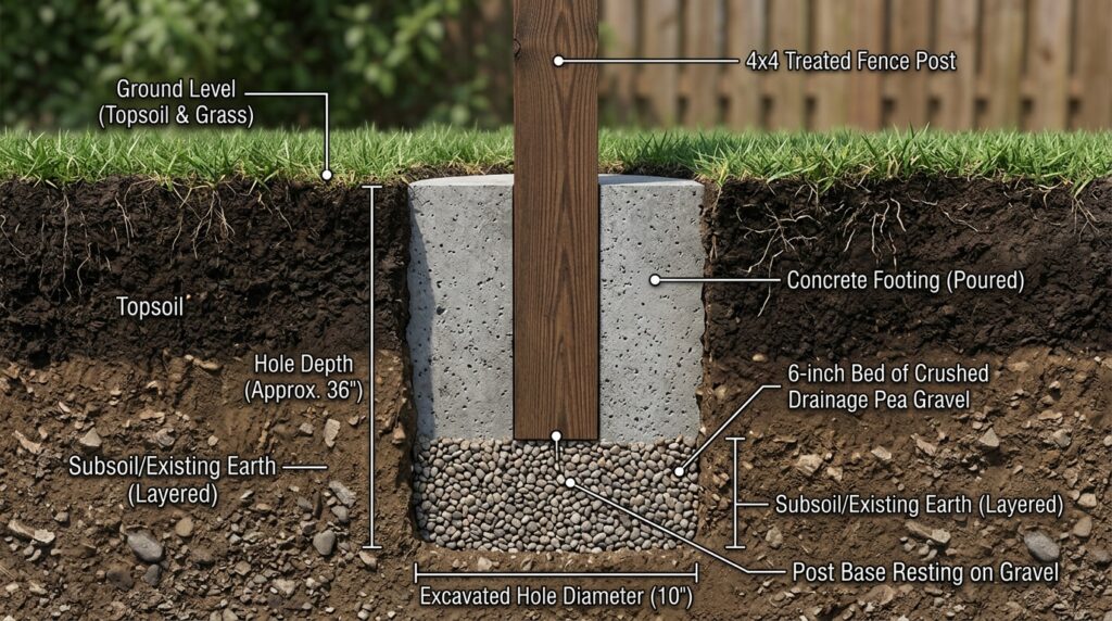 fence post in concrete footing 202606111242
