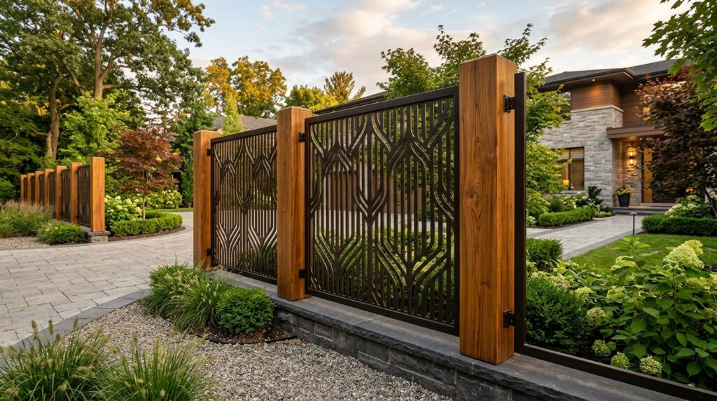 fence with bronze panels teak 202606121153