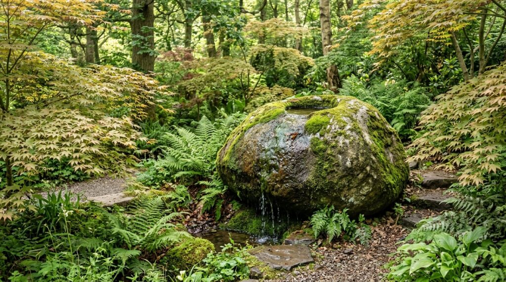 Monolithic Stone Water Bowls with Slow Spillways for Zen Courtyards ferns and maples in garden 202606101358