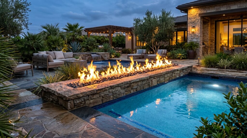 Modern Outdoor Plunge Pool Ideas For Luxury Backyard Relaxation fire flames on stone ledge 202606070815