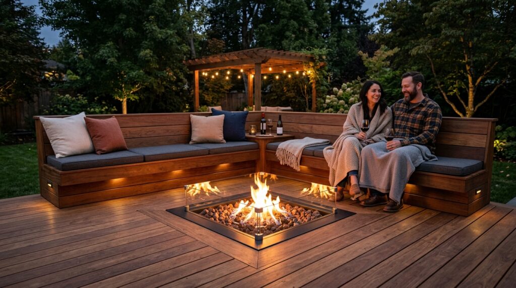 Fire Pit Lounge Ideas For Cozy Backyard Evenings fire pit built into deck 202606041940