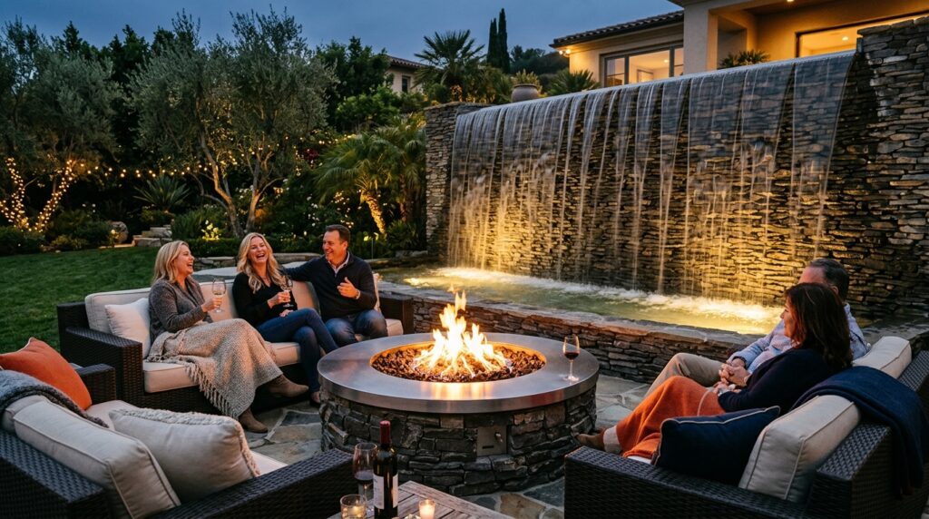 Modern Fire Pit Layouts For Luxury Outdoor Lounging fire pit lounge stone water 202606062007