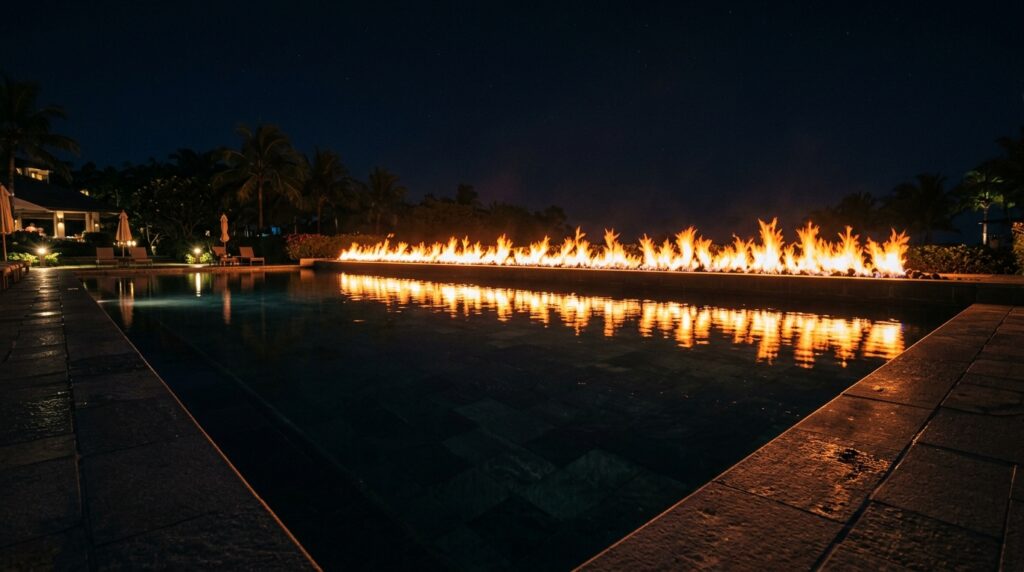 Modern Fire Pit Layouts For Luxury Outdoor Lounging fire reflection on swimming pool 202606062006