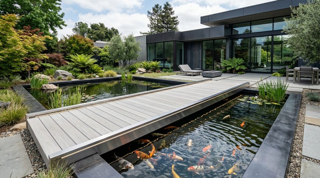 Floating Wooden Walkways Crossing Over Tranquil Backyard Koi Ponds floating walkway over koi pond 202606142025