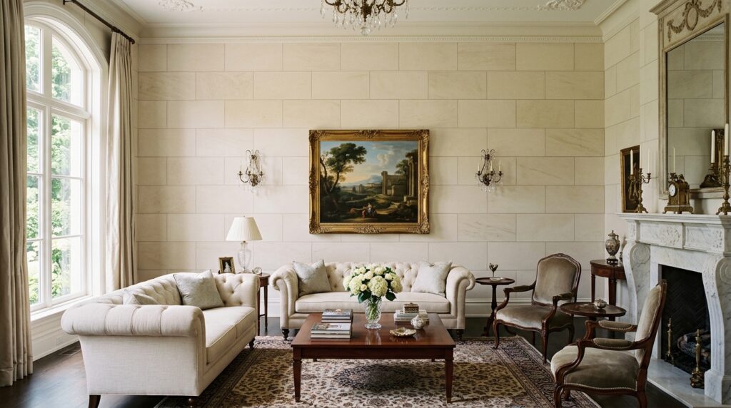 Monolithic Stone Accent Walls for High-End Living Facades formal living room cream limesto… 202606131805