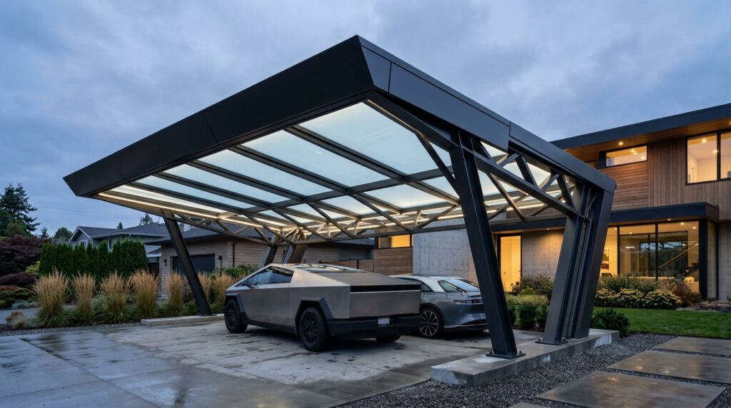Minimalist Hidden Drainage Carport Designs for Clean Lines futuristic automotive carport st… 202606161253