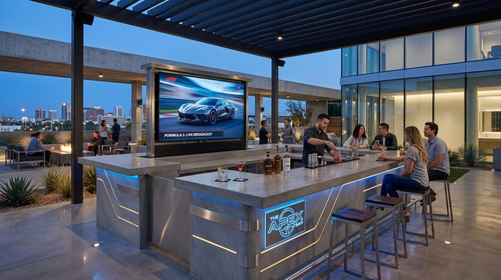 L-Shaped Multi-Functional Kitchen Layouts for Open-Air Patios futuristic automotive patio bar 202606171200