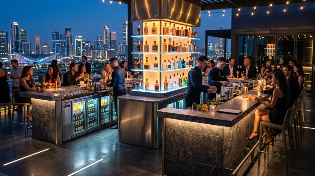 Under-Counter Beverage Center Setups Perfect for Summer Parties futuristic bar with glowing display 202606181748