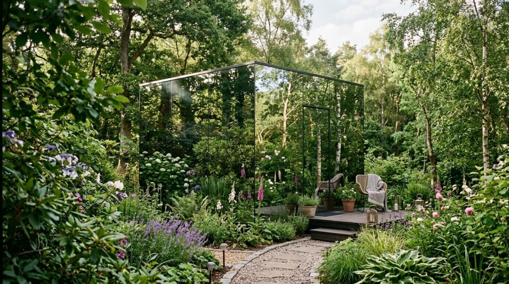 Luxury Glamping Cabins Tucked Safely into Large Backyard Edges futuristic cabin in garden 202606141425