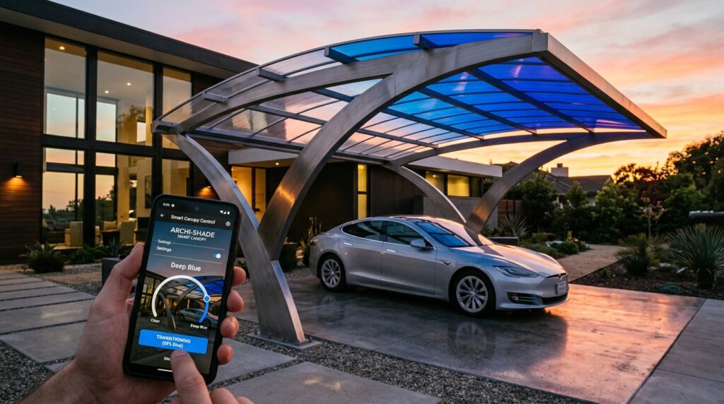 Polycarbonate Arched Roof Carports for Maximum Weather Protection futuristic carport with smart pa… 202606161150