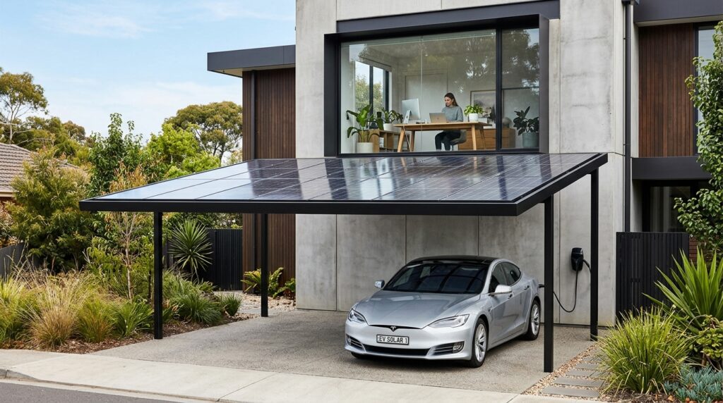 Low-Profile Flat Roof Carports That Won’t Block Your Window Views futuristic carport with solar pa… 202606161344