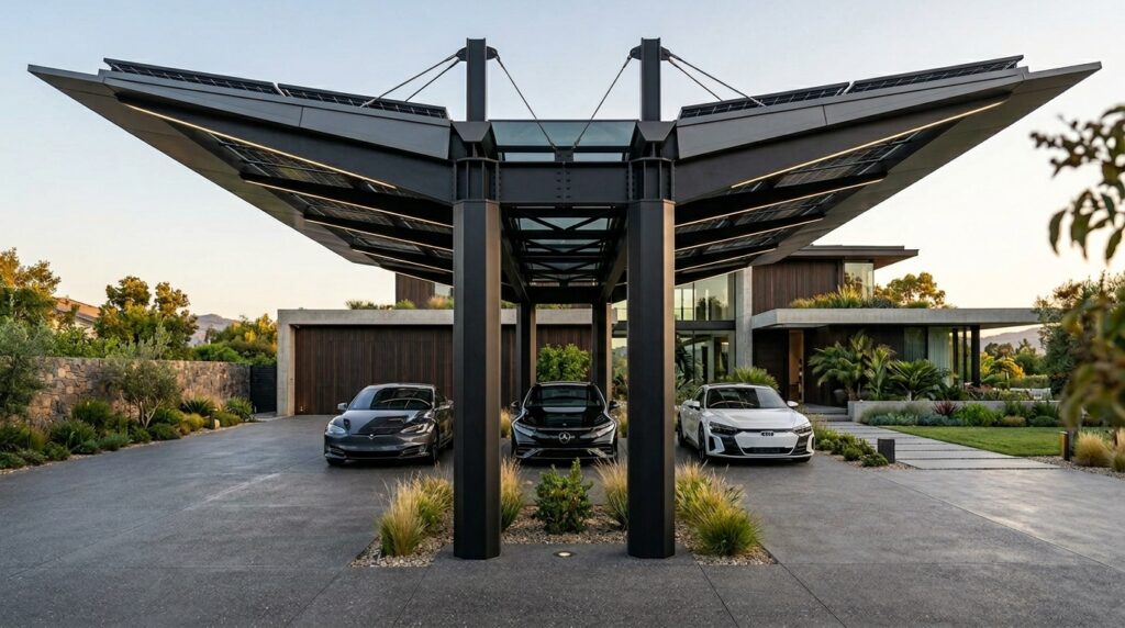 Smart Multi-Car Carport Layouts for Busy Suburban Homes futuristic carport with steel pi… 202606152043