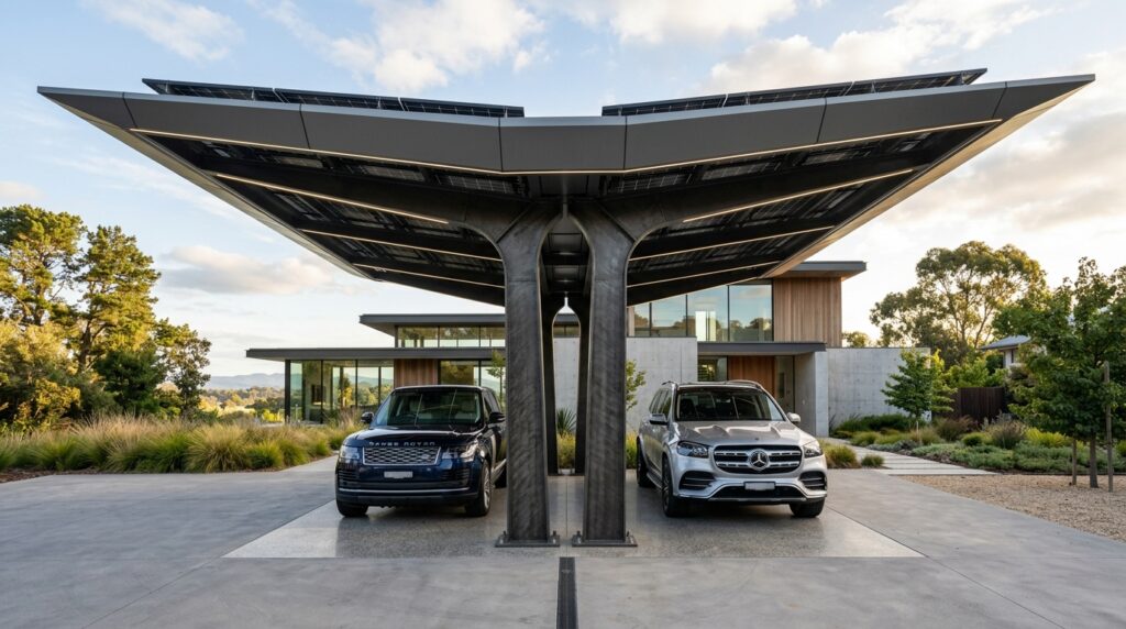 High-Clearance RV and SUV Carport Designs with Premium Aesthetics futuristic carport with steel pi… 202606152210