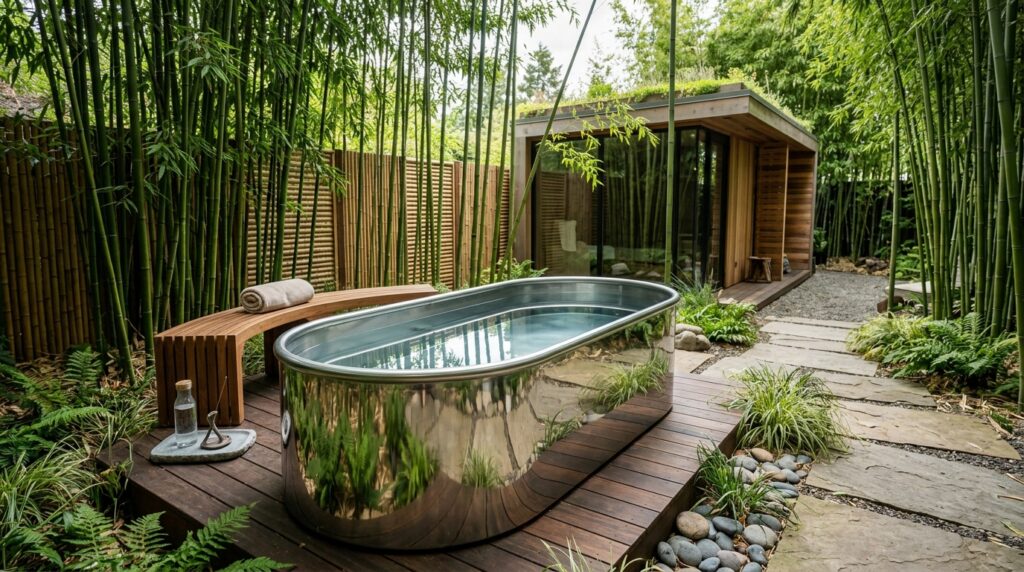 Modern Outdoor Wellness Spa Hubs For Premium Backyard Luxury futuristic cold plunge tank bamboo 202606071509
