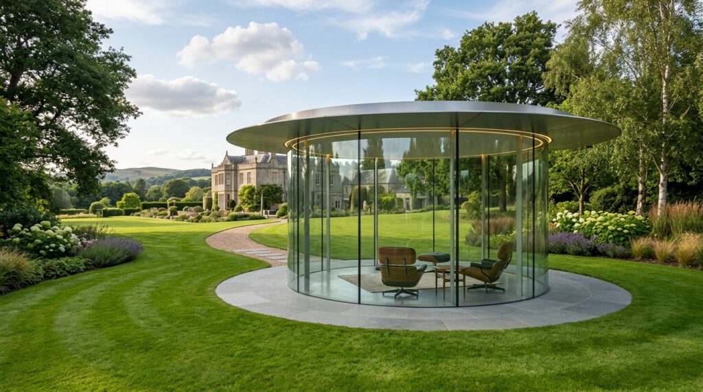 futuristic glass pavilion on lawn 202606141213