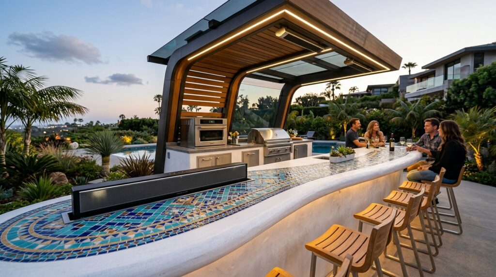 Whitewashed Stucco Mediterranean Kitchens with Mosaic Tile Tops futuristic kitchen pavilion mosa… 202606181320