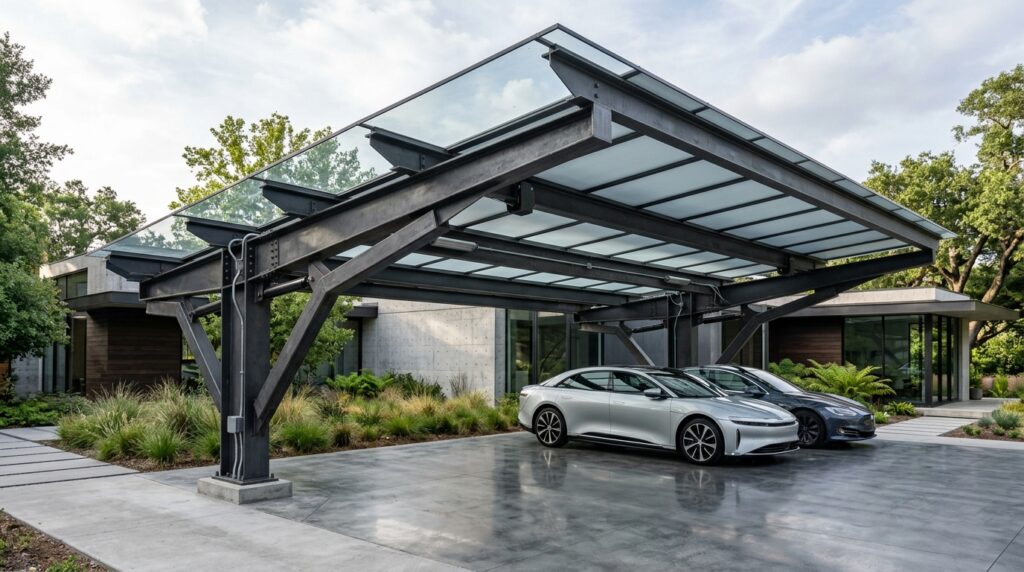 Industrial Steel & Glass Carport Ideas for Darker Driveways futuristic steel carport smart g… 202606152230