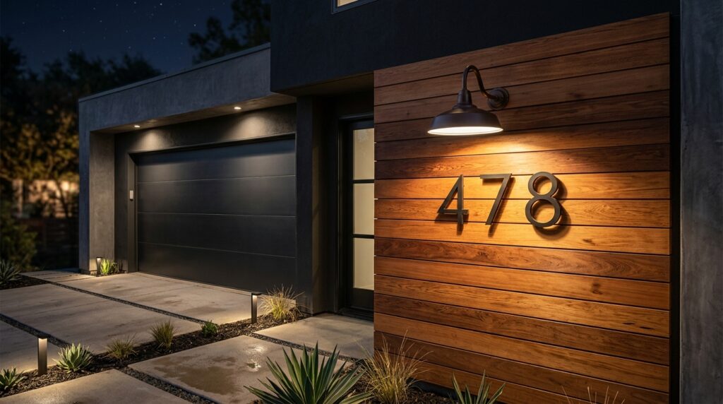 Industrial Gooseneck Fixtures to Illuminate Outdoor Garage Headers garage entrance with house numbers 202606102355