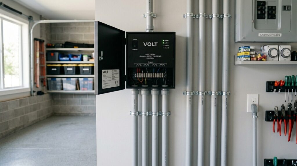 Industrial Gooseneck Fixtures to Illuminate Outdoor Garage Headers garage utility wall transformer box 202606102354