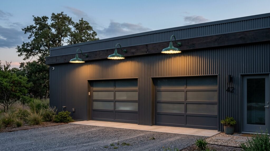 Industrial Gooseneck Fixtures to Illuminate Outdoor Garage Headers garage with green porcelain shades 202606102356