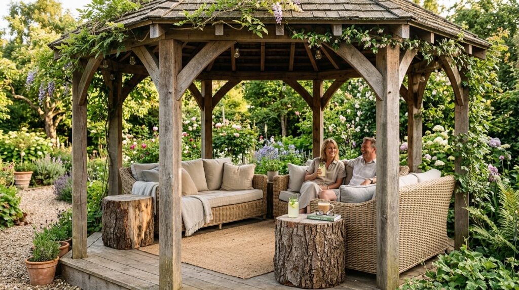Modern Patio Gazebo Ideas For Luxury Outdoor Lounging garden gazebo with log blocks 202606062108