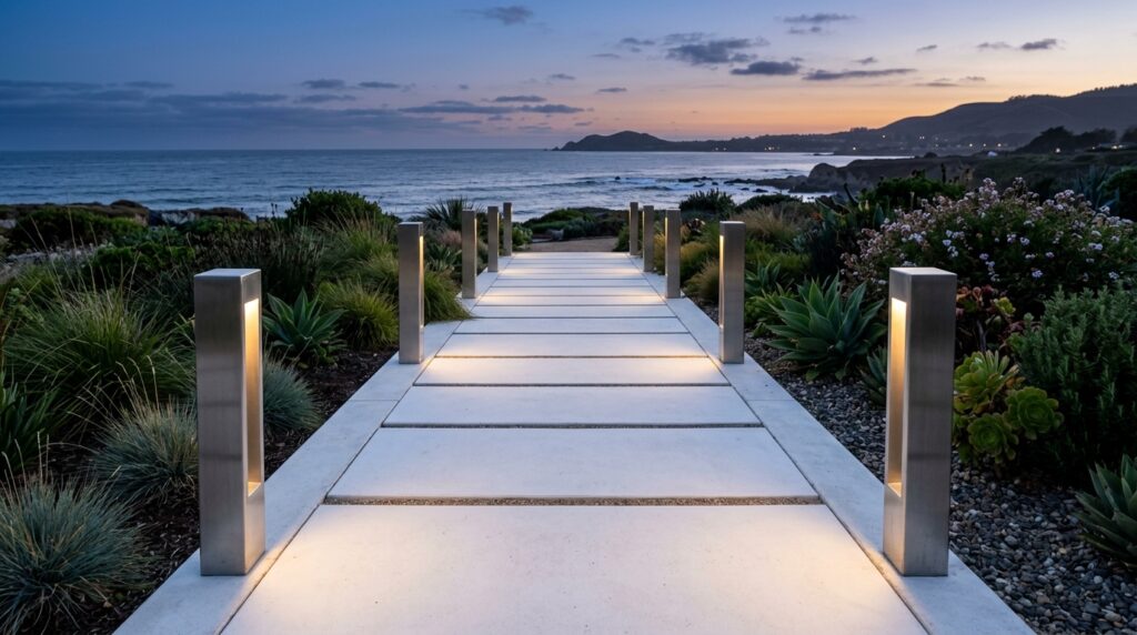 Minimalist Square Bollard Lights for Clean, Straight Garden Paths garden path with concrete planks 202606101509