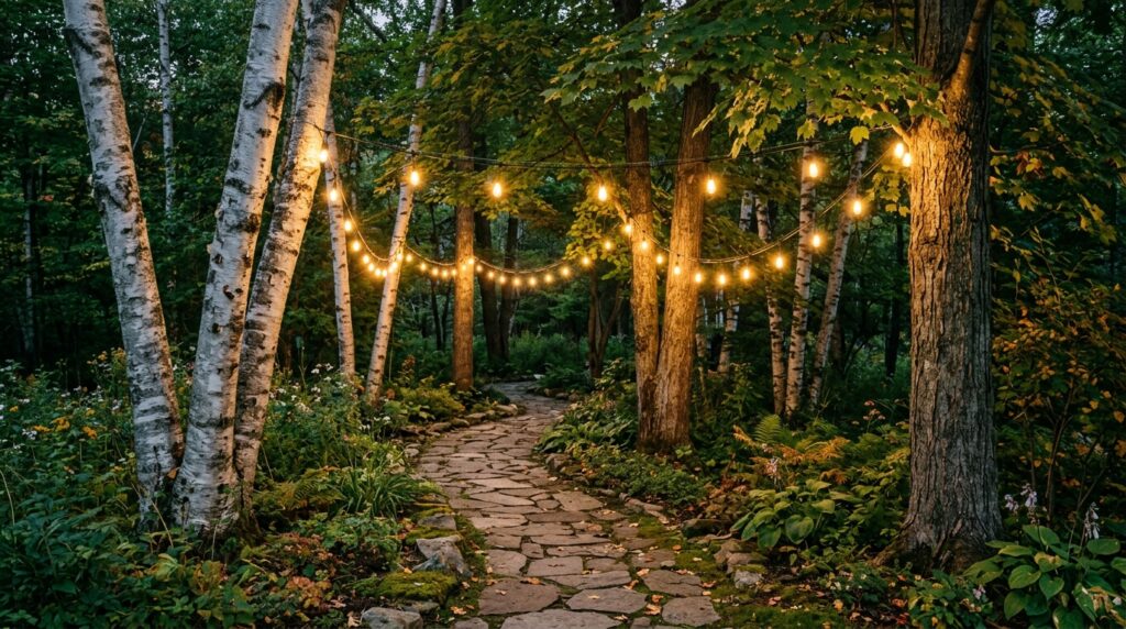 garden pathway with edison bulbs 202606102220