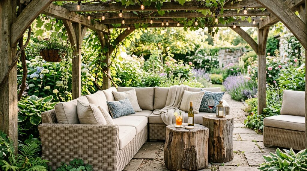 Outdoor Pergola Seating Ideas For Ultimate Backyard Luxury garden pergola with log blocks 202606052227