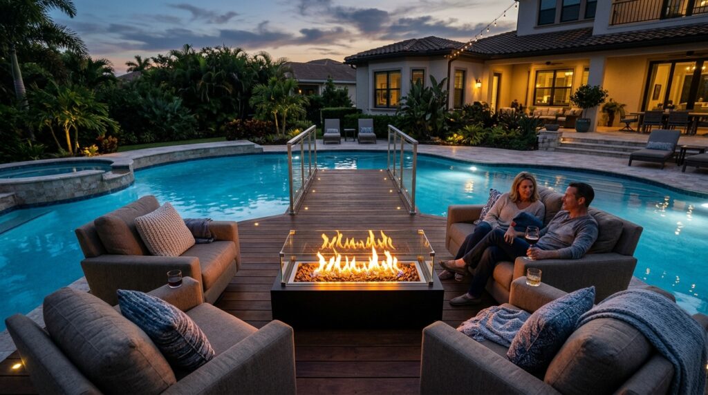 Fire Pit Lounge Ideas For Cozy Backyard Evenings gas fire pit on deck 202606041950