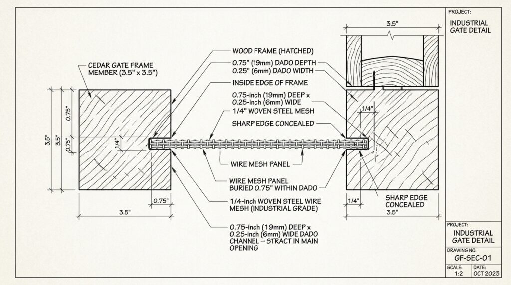 Industrial Wire Mesh and Wood Frame Gates for Modern Farmhouses gate frame architectural drawing 202606111357