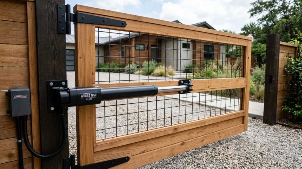 Industrial Wire Mesh and Wood Frame Gates for Modern Farmhouses gate linear actuator motor insta… 202606111359