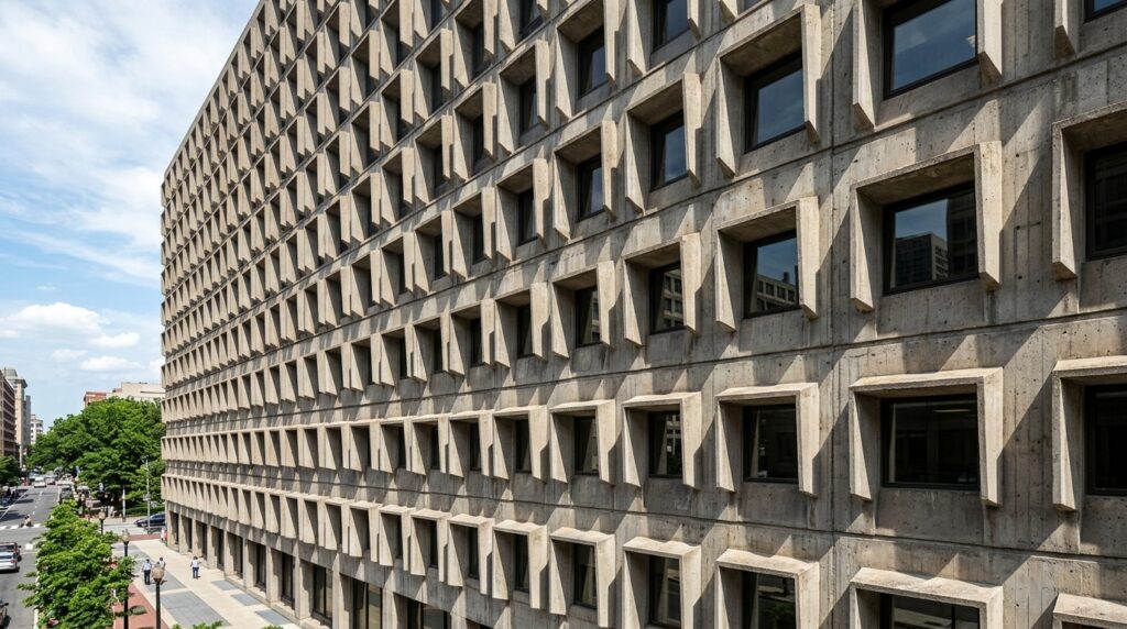 Brutalist Cantilevered Cliffside Villas and Structural Overhangs geometric brutalist facade sharp… 202606081454