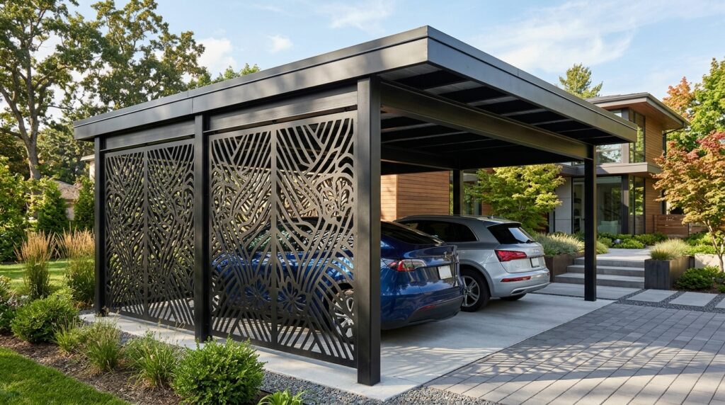 Smart Carport Outdoor Ideas That Will Instantly Upgrade Your Home geometric carport with laser cut… 202606061803