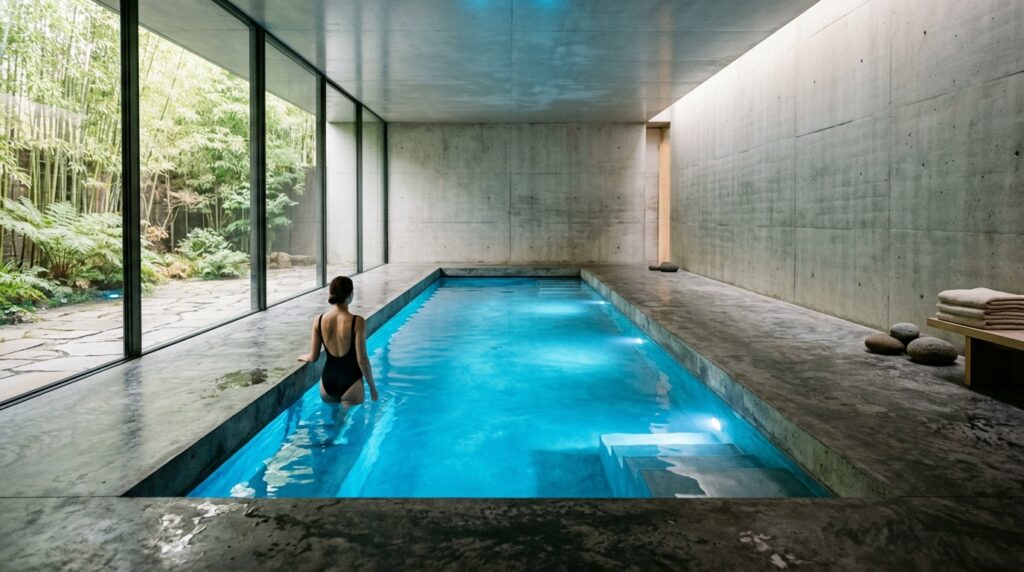 Brutalist Cryo-Therapy Chambers and Monolithic Micro-Cement Spas geometric concrete pool glowing … 202606081504