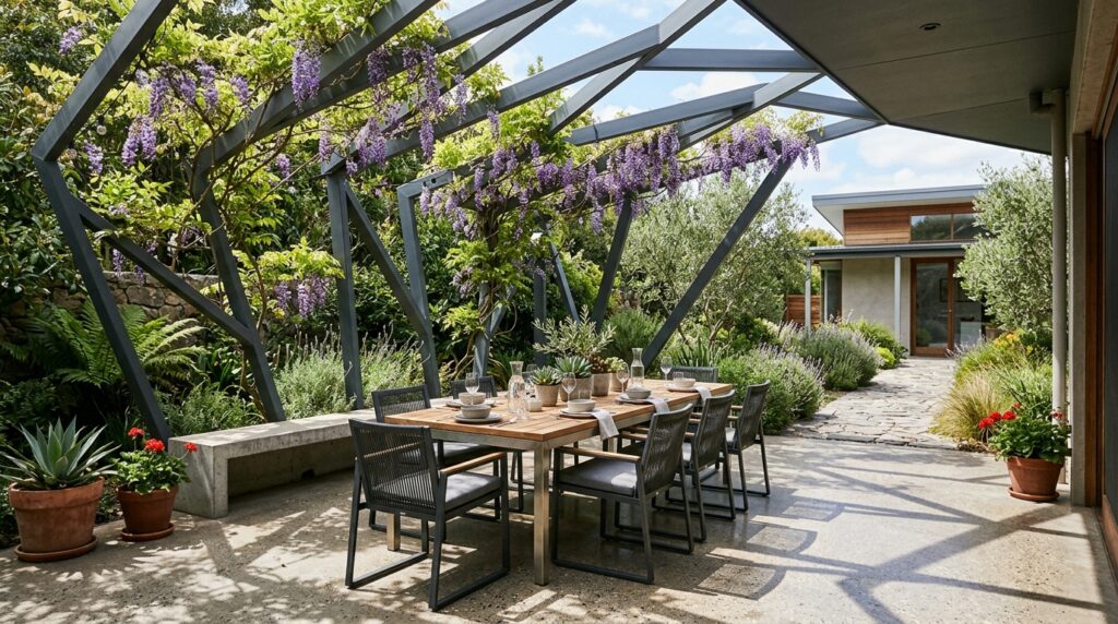 Outdoor Dining Rooms Under Wisteria-Covered Rafter Structures geometric dining room aluminum f… 202606141540